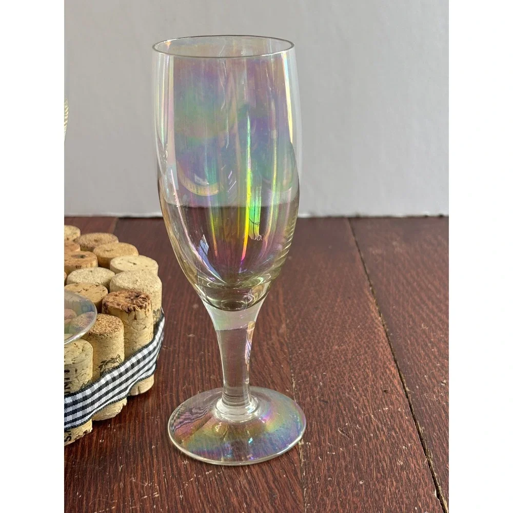 Vintage Iridescent Champagne Flutes Set of 2 Rainbow Luster Glass Stemware‎ 6in